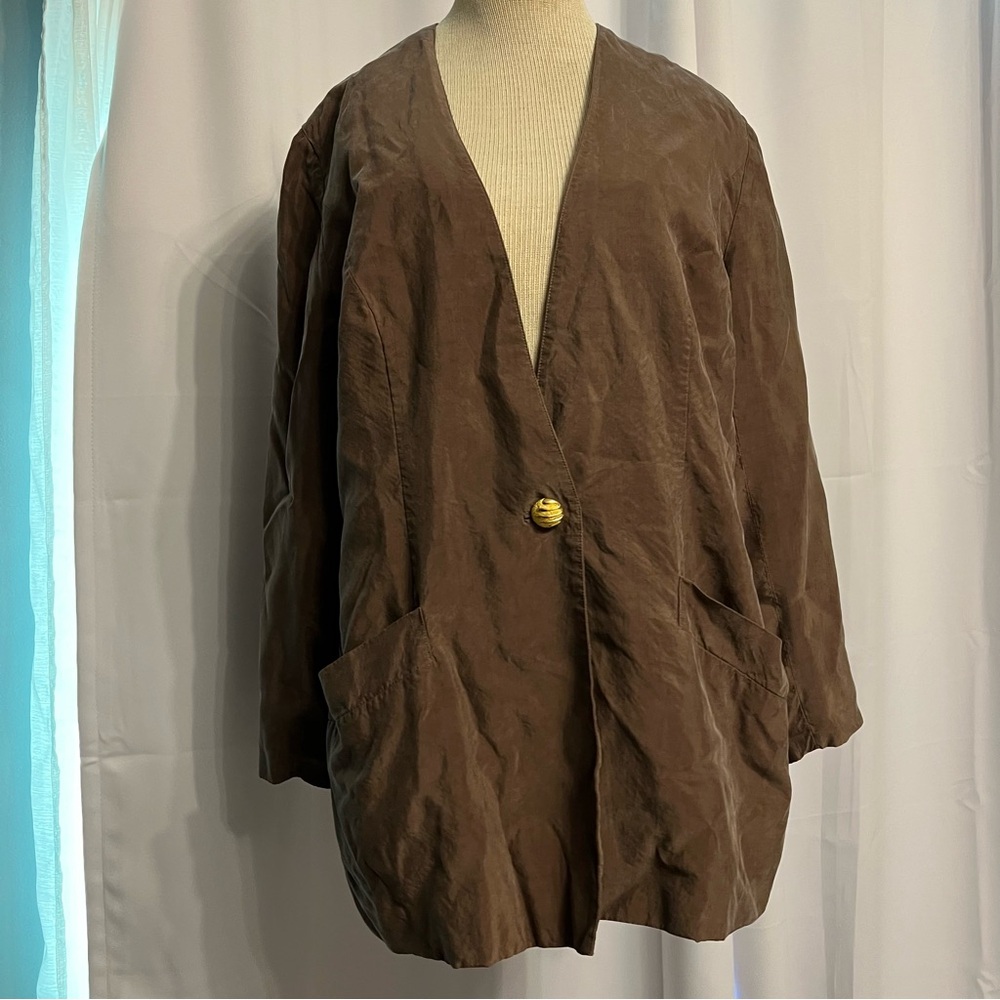 vintage 90s silk brown blazer Fully Lined With Pockets size 10 Gold Tone Button